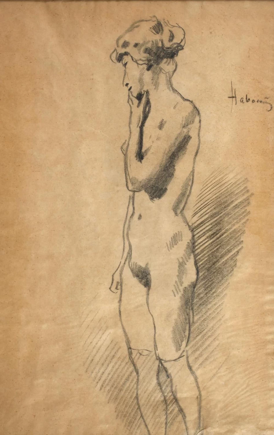 Hugo von Habermann - Giovane donna nuda in piedi, pensierosa, che guarda in basso